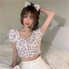 Short-sleeve Floral Cropped Blouse White - One Size