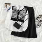 Shirt / Zebra Print Knit Sweater Vest / Midi A-line Skirt