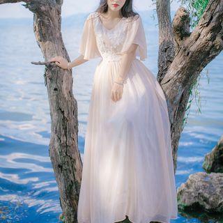 Short-sleeve V-neck Embroidery Shirred Maxi Dress