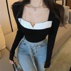 Long-sleeve Square-neck Two-tone Top Black & White - One Size