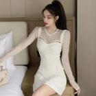 Set: Wide Strap Mini A-line Dress + Long-sleeve Lace Top