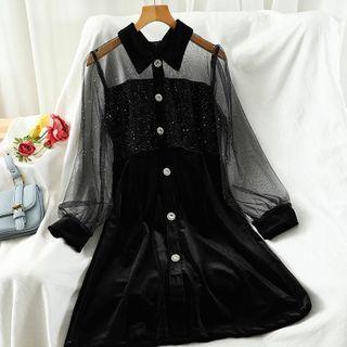 Glitter Long-sleeve Mini Collared A-line Dress