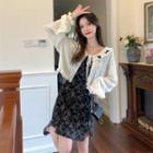 Bow Tied Cardigan / Spaghetti Strap Floral Print Mini Dress