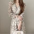 Long-sleeve Floral Print Midi Dress Floral - Gray - One Size