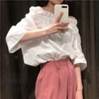 Plain Off-shoulder 3/4-sleeve Top Top - White - One Size