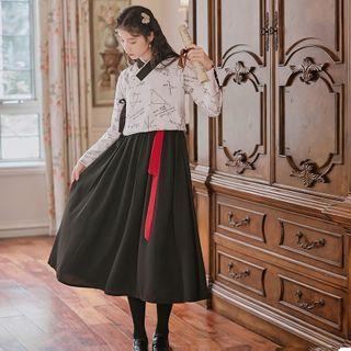 Long-sleeve Printed Cheongsam / Midi Dress / Set