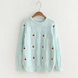 Cherry Embroidered Round-neck Knit Sweater
