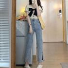 Short-sleeve Bow Accent Blouse / Side-slit Bootcut Jeans