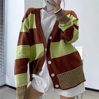 Long Sleeve Striped Color-block Loose-fit Cardigan