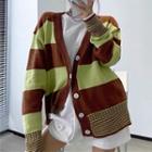 Long Sleeve Striped Color-block Loose-fit Cardigan