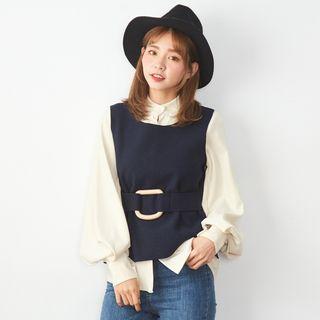 Set: Long-sleeve Shirt + Sleeveless Buckled Top