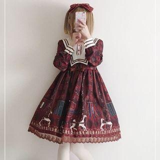 Long-sleeve Printed Dress With Hair Band