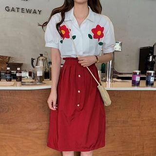 Flower Print Short-sleeve Shirt / High Waist A-line Skirt