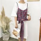 Set: Spaghetti Strap Plaid Top + Elbow-sleeve Plain Dress
