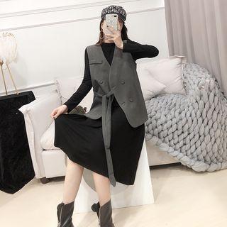 Set: Mock-turtleneck Long-sleeve T-shirt Dress + Double-breasted Vest