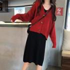 V-neck Cardigan / Sleeveless Knitted Dress