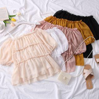 Boatneck Ruffled-trim Chiffon Top With Camisole