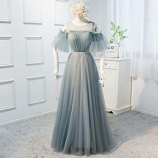 Cold Shoulder Elbow-sleeve A-line Evening Gown