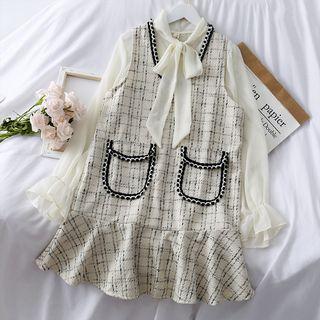 Set: Ribbon-neckline Chiffon Blouse + Mini Dress Almond - One Size