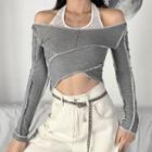 Mock Two-piece Long-sleeve Halter-neck Cropped T-shirt