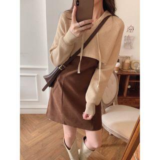 Cropped Knit Hoodie / Long-sleeve Plain Mini Dress / Set