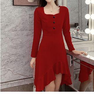 Long-sleeve Button-front Ruffled Dress