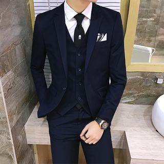 Set: Plain Blazer + Vest + Slim-fit Dress Pants