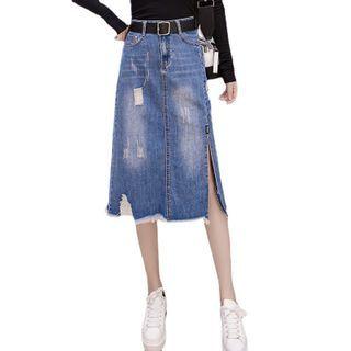 Distressed Slit Denim Midi A-line Skirt