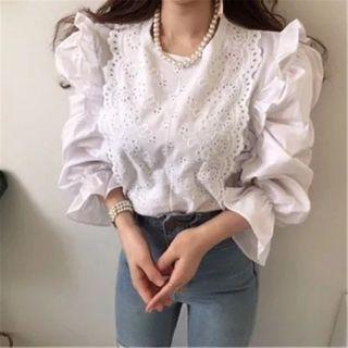 Eyelet Lace Ruffled Blouse White - One Size