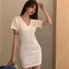 Short-sleeve V-neck Plain T-shirt Dress White - One Size