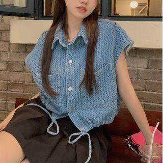 Cap-sleeve Denim Blouse Denim Blue - One Size