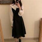 Sailor Collar Color Block Dress Black - One Size