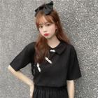 Short-sleeve Frog Buttoned Blouse Black - One Size