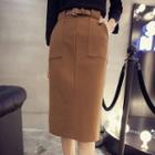Pocketed Midi Straight Cut Skirt With Belt