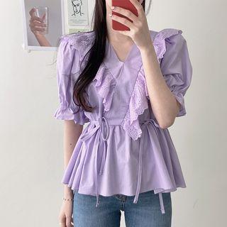 V-neck Plain Ruffle Trim Top