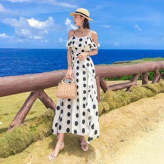 Cutout-shoulder Dotted Tie-waist Maxi Sundress