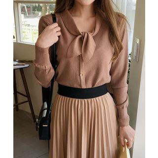 Tie-neck Button-trim Knit Top Brown - One Size
