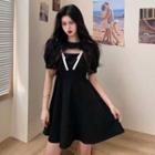 Color-block Puff-sleeve Dress Black - One Size