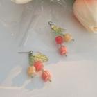 Floral Drop Sterling Silver Ear Stud 1 Pair - Silver Needle - Flower - Pink & Beige - One Size
