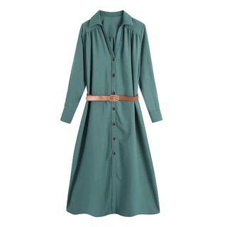 Set: Open-collar Midi A-line Shirtdress + Belt