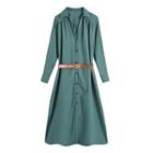 Set: Open-collar Midi A-line Shirtdress + Belt