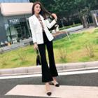 Dotted Blazer / Printed Tie-neck Shirt / Boot-cut Dress Pants / Set