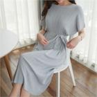 Drop-shoulder Pleated Knit Dress With Sash