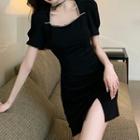 Short-sleeve Square-neck Slit Sheath Dress
