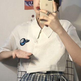 Pattern Embroidered Crop Polo Collar Top