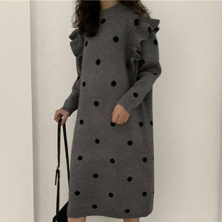Ruffle Trim Dotted Midi Sweater Dress