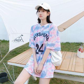 Set: Tankini Top + Swim Shorts + Short-sleeve Lettering Cover Up