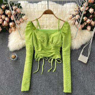 Square-neck Drawstring Cropped Long-sleeve Top