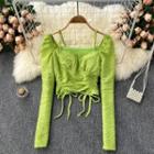 Square-neck Drawstring Cropped Long-sleeve Top