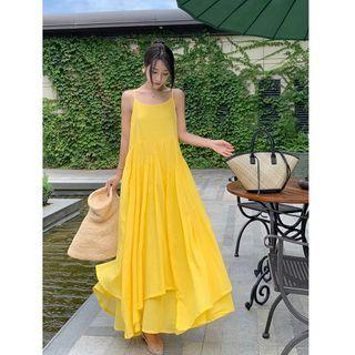 Spaghetti Strap Midi A-line Dress Lemon Yellow - One Size